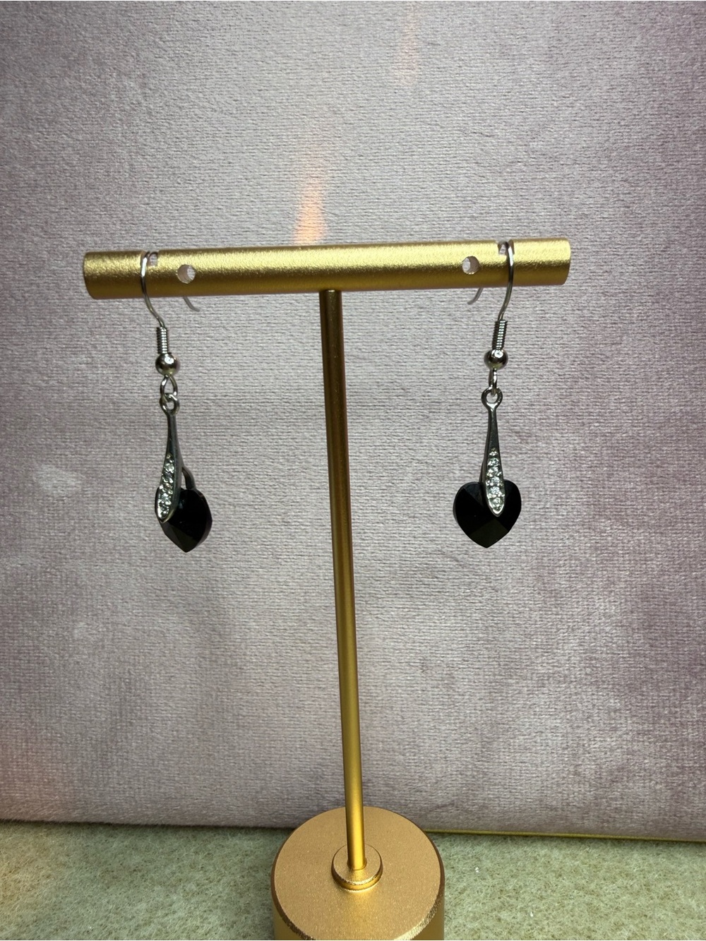Black Swarovski Heart Drop Earrings Handmade NWT